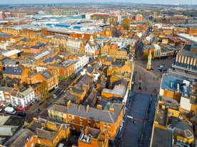 Photo of aerial view of Leicester Town hall in Leicester, a city in England’s East Midlands region, UK.