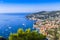 View of Mediterranean luxury resort and bay with yachts. Nice, Cote d'Azur, France. 