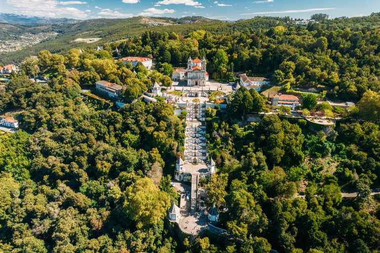 Aerial panoramic view of Bom Jesus church in Braga, Portugal