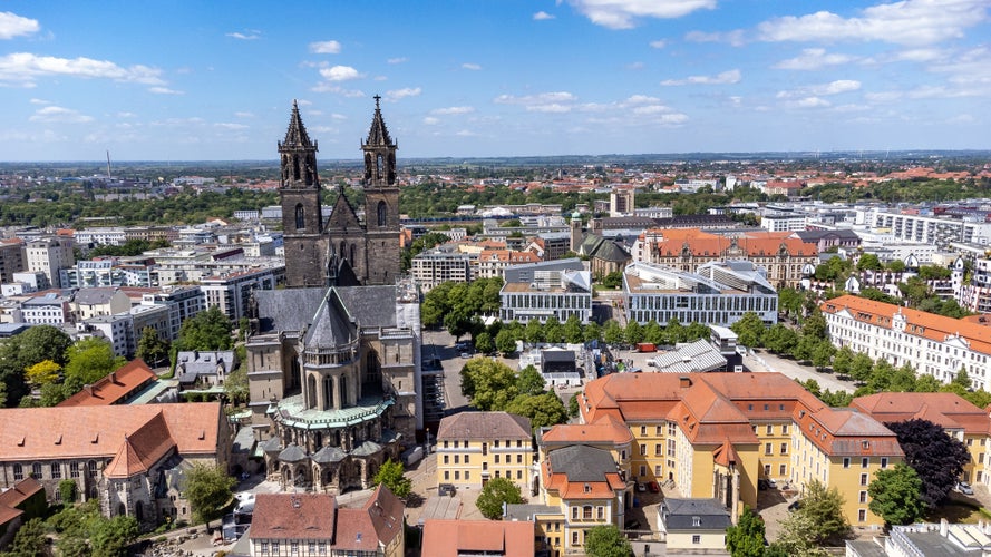 aerial view of the cathedral in magdeburg east germany