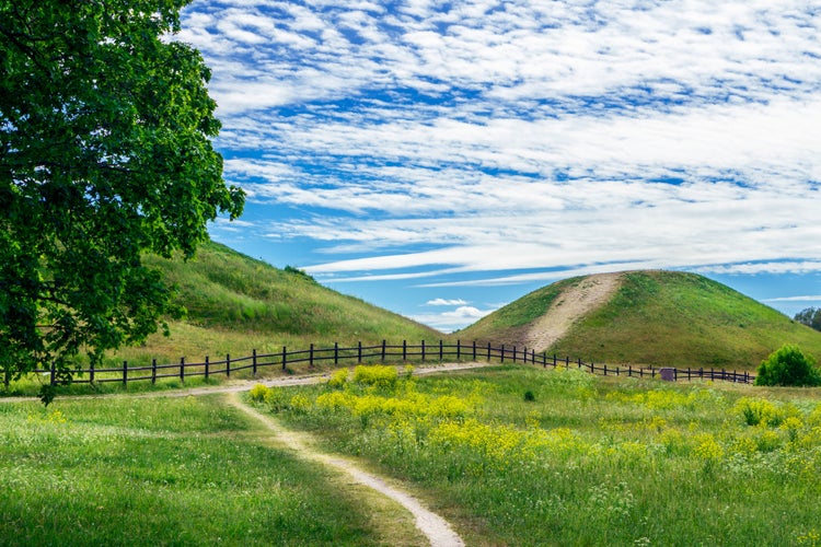 Photo of Royal Mounds large barrows located in Gamla Uppsala village, Uppland, Sweden.