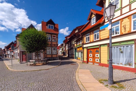 Medieval street with half-timbered houses in Wernigerode, Saxony-Anhalt, Germany