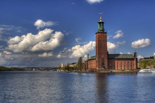 Photo of Motala stream in Norrkoping during fall, that is a historic industrial town in Sweden.