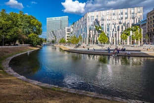 Photo of aerial view of the city ,Rheinturm and Media Harbour district in Dusseldorf city in Germany.