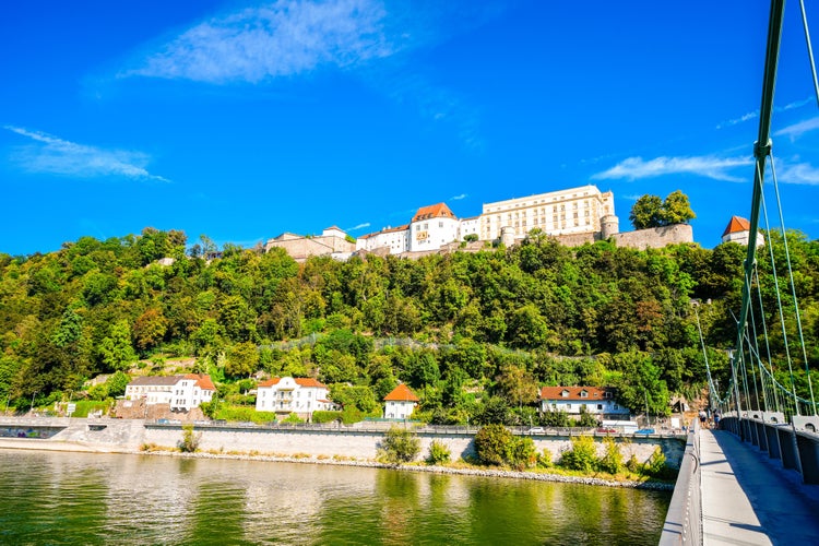 View of the Danube and nature in Passau. Center of the city with the surrounding landscape from the Prinzregent-Luitpold Bridge.