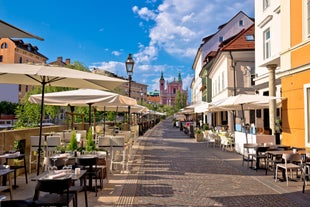 Capital of Slovenia, panoramic view with old town and castle.