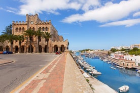 photo of an aerial view of Son Bou with hotel on the beach of Son Bou Menorca, Spain.