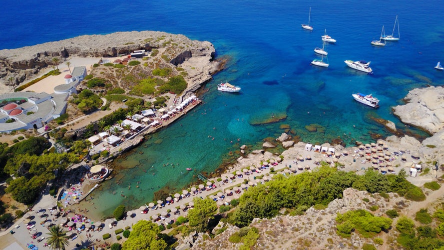 Photo of aerial view of iconic thermal springs of Kalithea, Rhodes island, Greece.