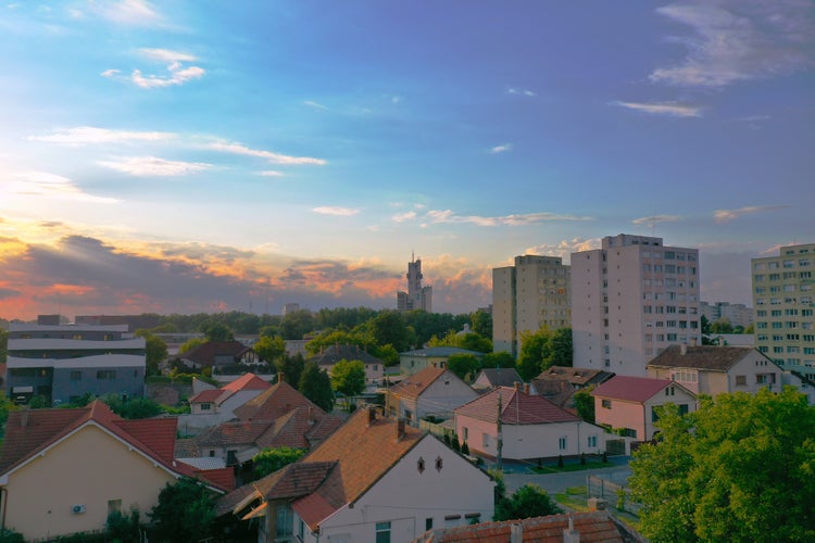 photo of view of Aerial view of sunset in the city. Sunset in Satu Mare, Romania. Cityscape.