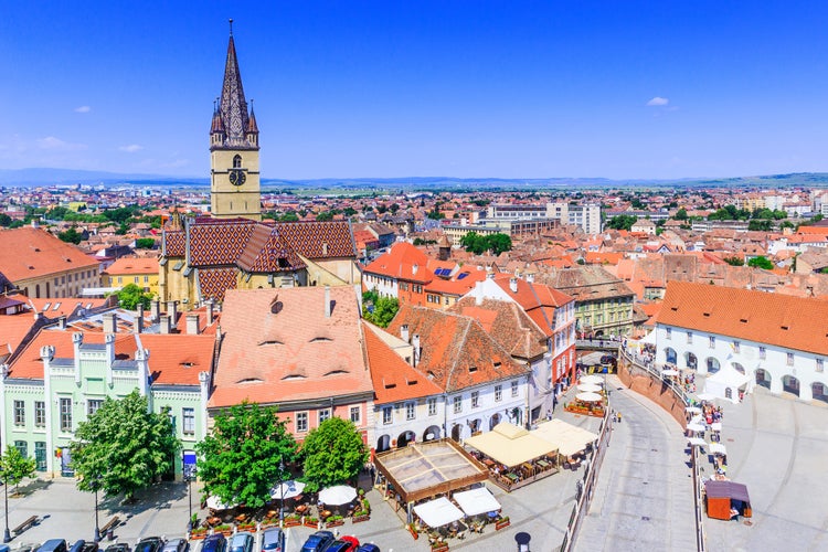 Sibiu, Romania, Lutheran cathedral tower and Small Square (Piata Mica).