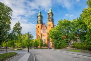 Photo of aerial view of Torun old town with Vistula river, Poland.