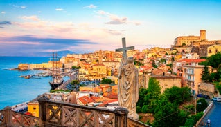 Photo of aerial view of beautiful coastal landscape with old town of Gaeta, Italy.