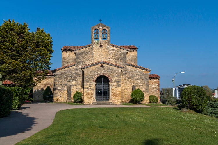 Front facade of the church San Julian de los Prados in Oviedo after a rain shower, romanesque UNESCO world heritage site, Asturias in Northern Spain