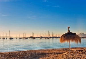 Aerial view with Sant Pere beach of Alcudia, Mallorca island, Spain.