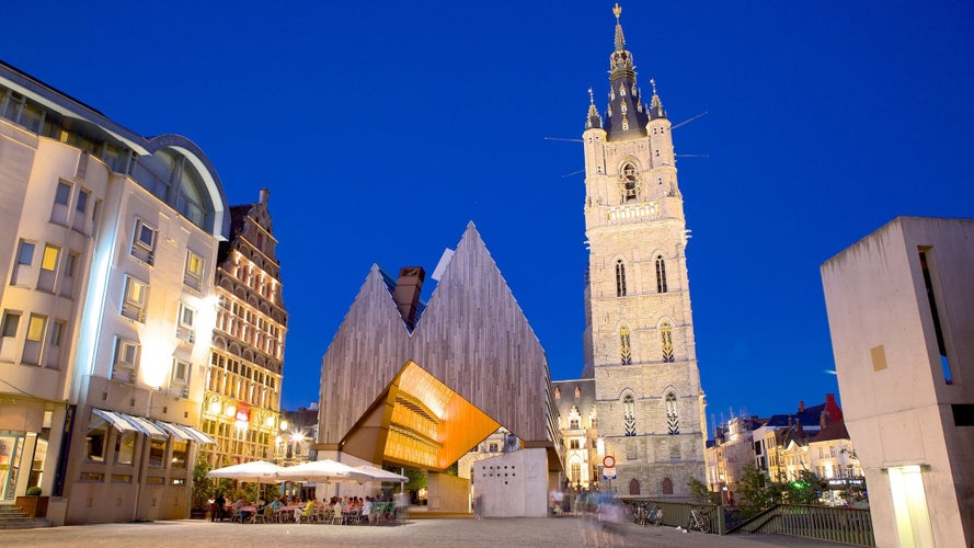 Photo of Belfry of Ghent showing night scenes, modern architecture and heritage architecture , Belgium.