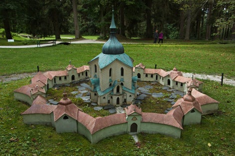 Photo of Miniature of Church St. John of Nepomuk in Žďár nad Sázavou in miniature park Boheminium near Mariánské Lázně, Plzeň Region, Czech Republic.