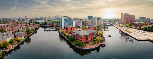 Photo of redeveloped Warehouses along the River in Leeds, UK.