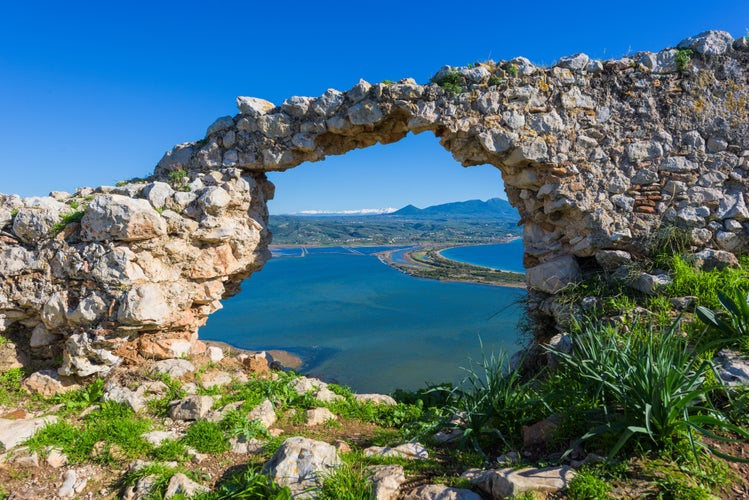 Photo of Old Navarino Castle looking over the Pylos bay in Gialova, Peloponnese, Greece.