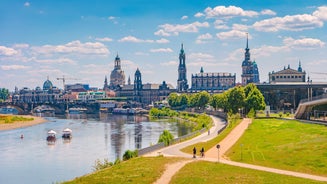 Photo of scenic summer view of the Old Town architecture with Elbe river embankment in Dresden, Saxony, Germany.