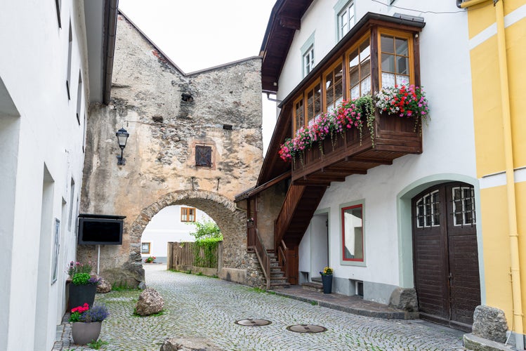 photo of old street and gate in the historic town of Gmünd in Kärnten, Austria.