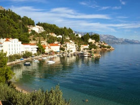 Photo of aerial view of gorgeous azure scene of summer Croatian landscape in Podgora, Dalmatia, Croatia.