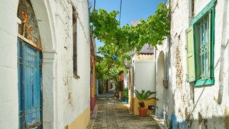 Photo of colorful houses in the village Koskinou on the island of Rhodes, Greece.