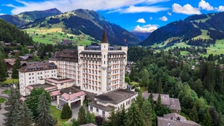 photo of an aerial view of Gstaad in winter. Village and holiday resort in the Swiss Alps.