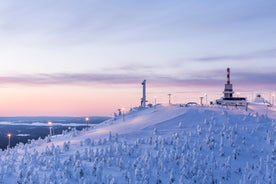 Photo of stunning sunset view over wooden huts and snow covered trees in Kuusamo, Finnish Lapland.