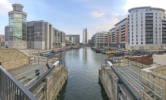 Photo of panoramic aerial view of Salford Quays, Manchester, UK.