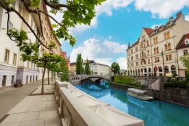 Capital of Slovenia, panoramic view with old town and castle.