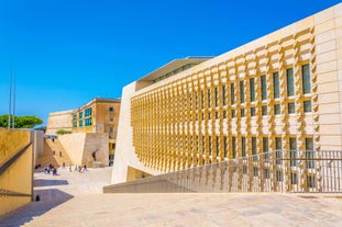 Aerial view of Lady of Mount Carmel church, St.Paul's Cathedral in Valletta embankment city center, Malta.