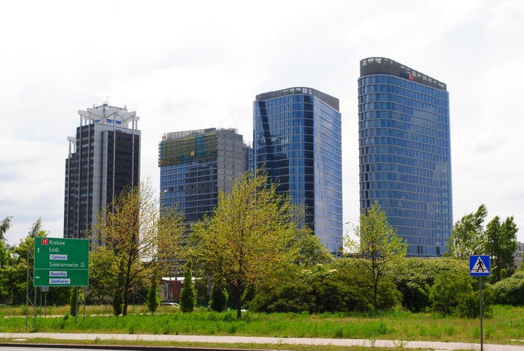 Photoof Katowice - City Centre. Zabrska Street / A. Mickiewicza. Global Office Park and Stalexport skyscrapers.