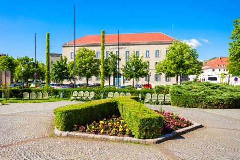 photo of  view of Landesgericht or district court in the city of Krems an der Donau, Austria. Landesgericht is located near the Steiner Tor gate.,Vienna Austria.