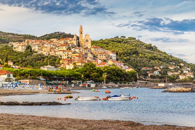 Beautiful View of Sea And Ancient Town of Cervo Built on The Hill at Italian Riviera During Sunset-Cervo,Italy,Europe