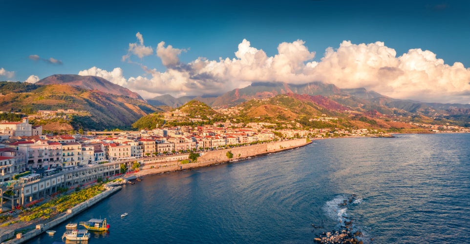 Splendid view from flying drone of Diamante port, Province of Cosenza. Colorful evening seascape of Mediterranena sea. Fantastic outdoor scene of Italy, Europe. Traveling concept background. 