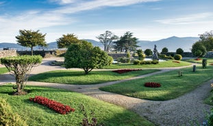 Photo of aerial view of Baiona, Spain and its fortress.