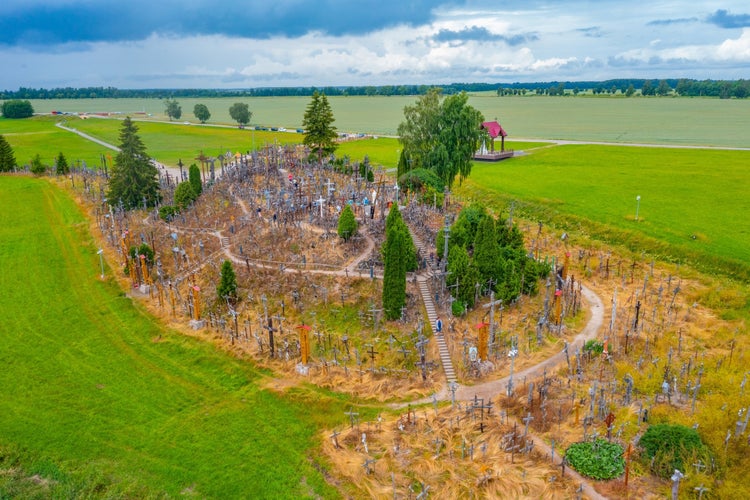 Aerial view of Hill of Crosses near Lithuanian town Siauliai.