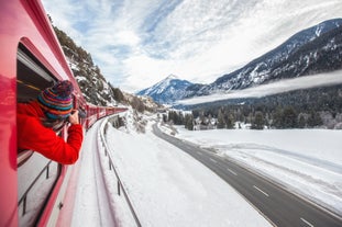 photo of St. Moritz, the famous resort region for winter sport, from the high hill in Switzerland.