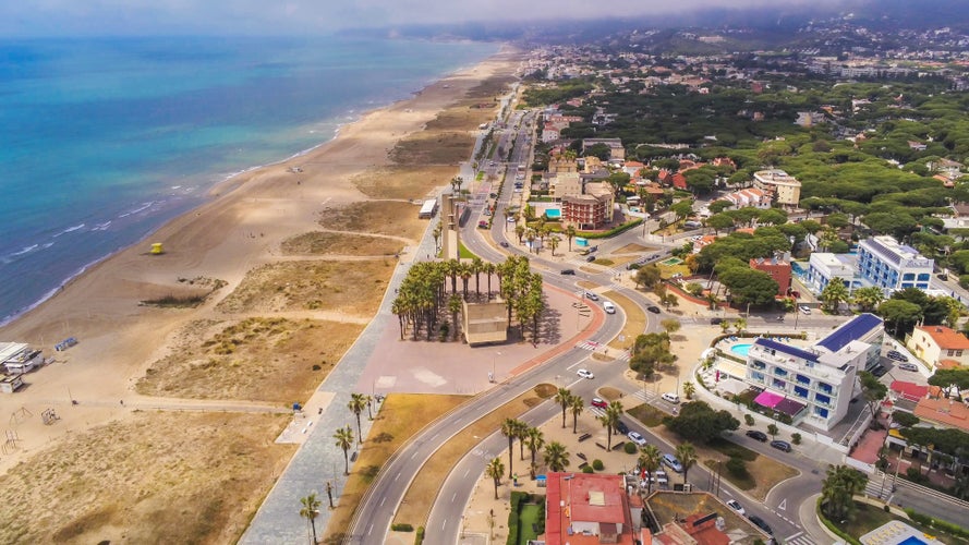 Aerial view in Castelldefels, coastal village of Barcelona. Drone Photo