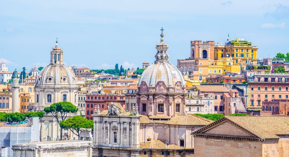 Aerial view of forum romanum and surrounding areas of historical centre of italian capital rome.