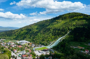 Photo of aerial view of church ST Maria Magdalena and the city of Chorzow, Poland.