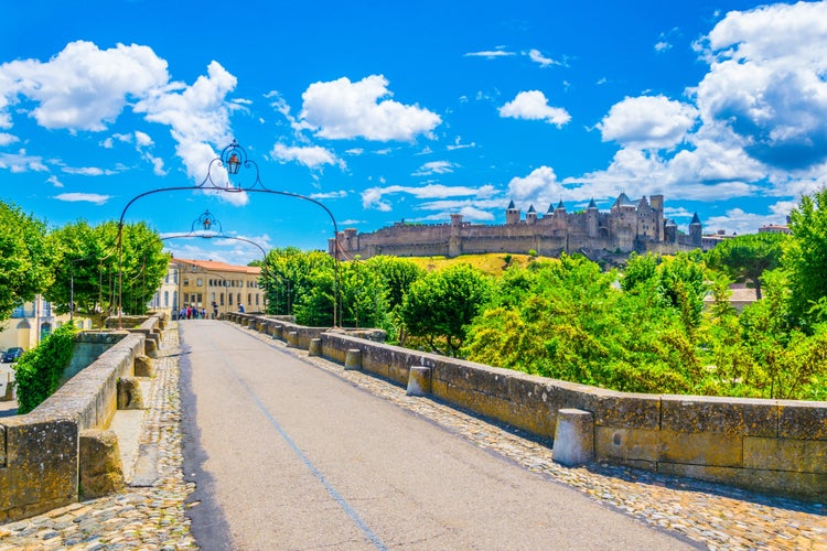 Photo of old town of Carcassonne and pont vieux in France.