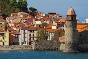 Photo of aerial view of Collioure, beautiful coastal village in the south of France.