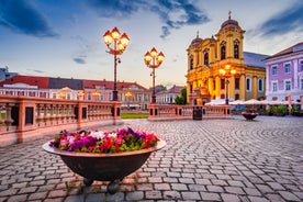 Antique building view in Old Town Bucharest city - capital of Romania and Dambrovita river. Bucharest, Romania, Europe.