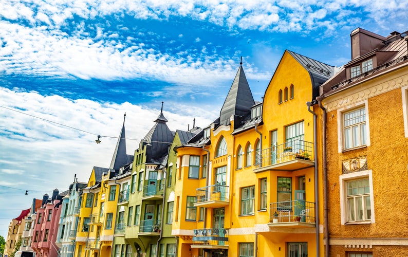 Photo of multicolored facades of buildings in Helsinki.