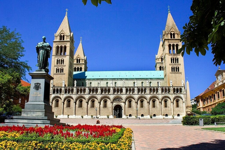 photo of view of Amazing cityscape about the Pecs city historical downtown and basilica in springtime. Unique medieval mood city. pecs, Hungary.