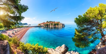 Photo of panoramic aerial view of old town of Budva, Montenegro.