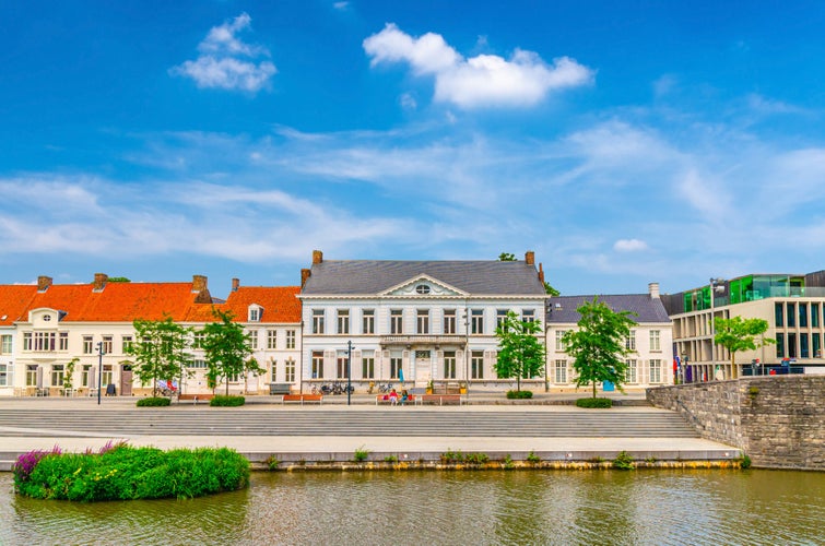 Arts centre BUDA on Buda Island and embankment promenade of Lys river in Kortrijk city historical centre, belgium landmark, Flemish Beguinages, West Flanders province, Flemish Region, Belgium