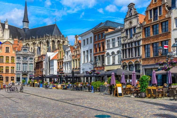 Grote Markt in Mechelen, Belgium. Mechelen is a city and municipality in the province of Antwerp, Flanders, Belgium. Cityscape of Mechelen