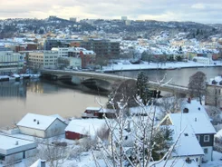 Photo of the Telemark Canal with old locks, tourist attraction in Skien, Norway.